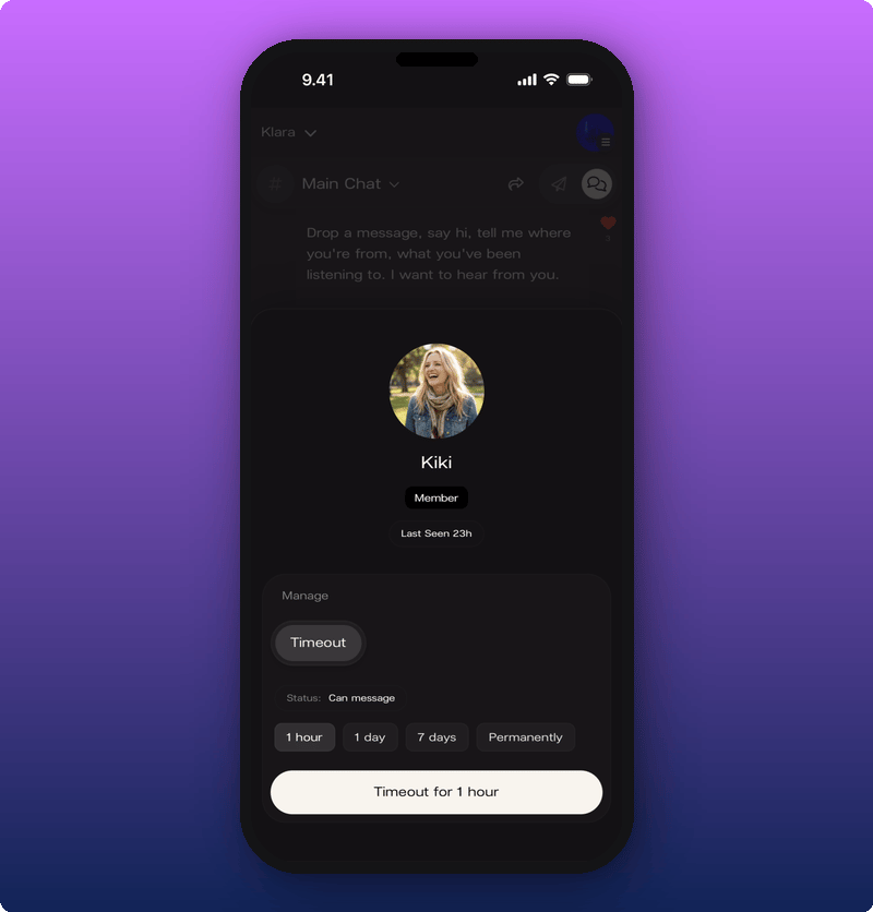 A moderator's view of a member profile with timeout options