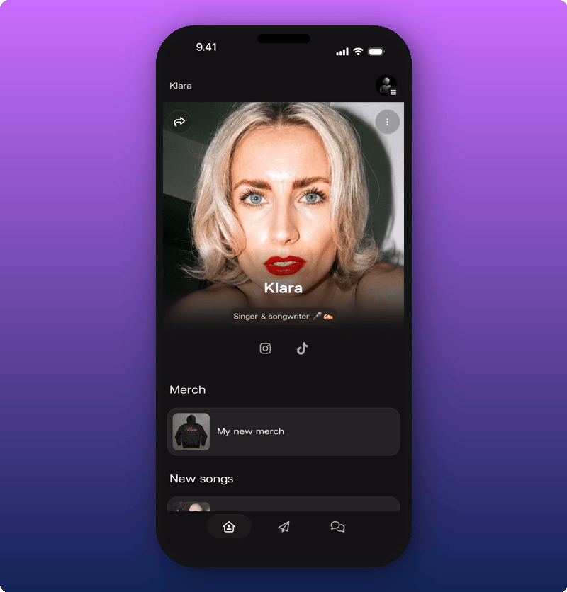 The top of the artist's page with cover photo and socials
