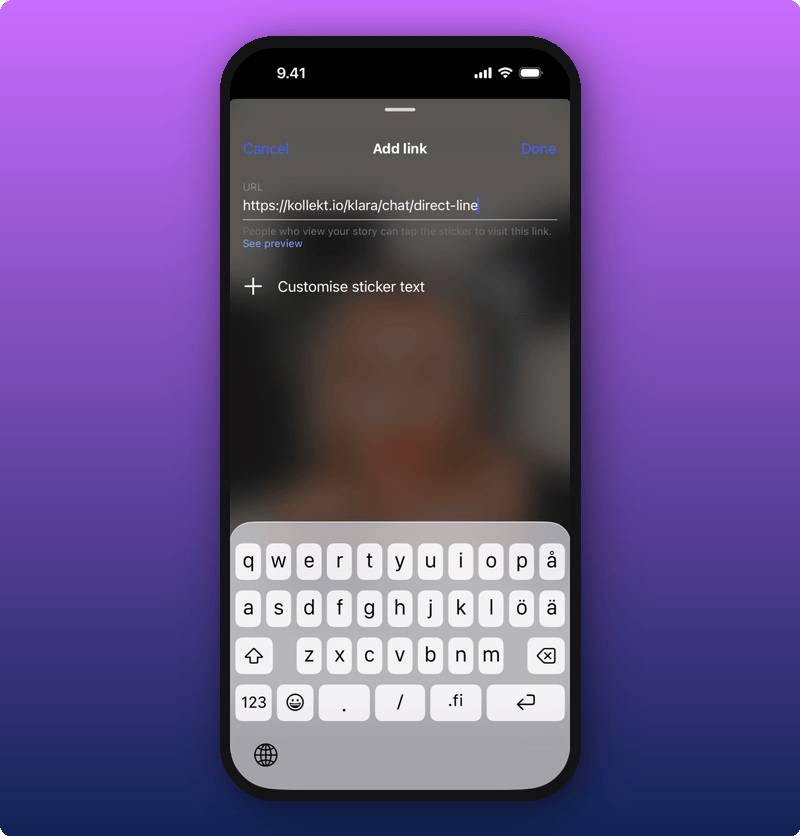 Pasting the Kollekt link in Instagram's link sticker