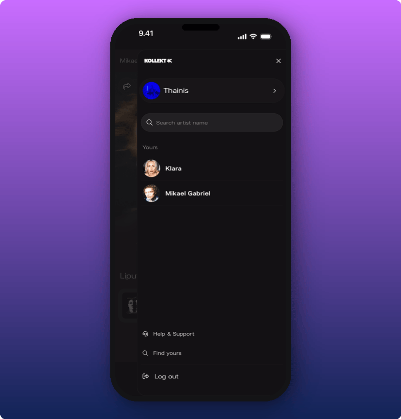 The side menu with two artists in Yours