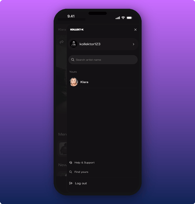 The side menu with one artist in Yours