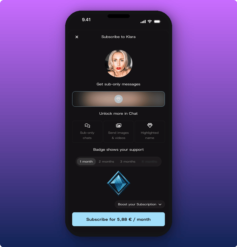 Subscribe screen with the 1-month tab selected
