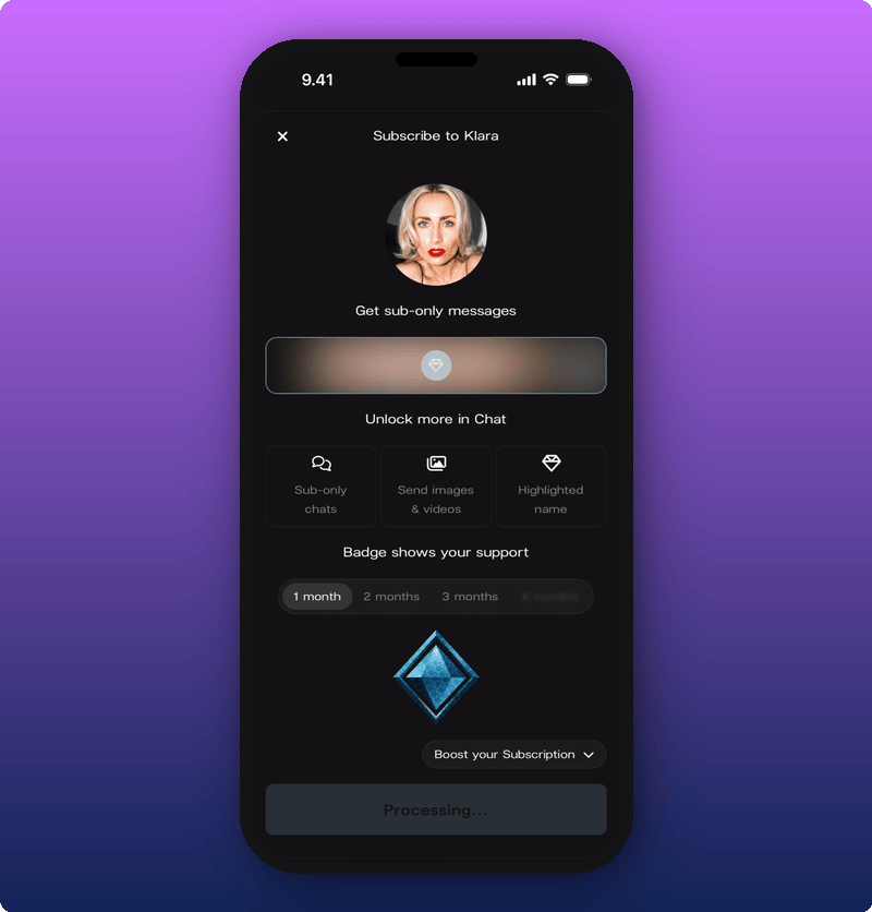 The subscribe screen processing the payment