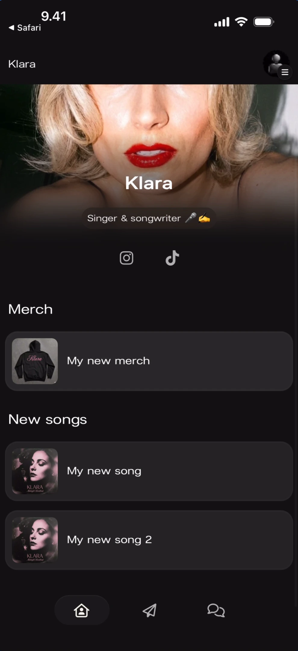 Artist page scrolled to show content sections