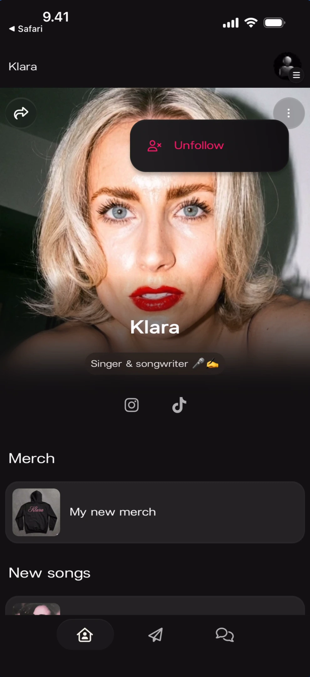 Unfollow dropdown menu