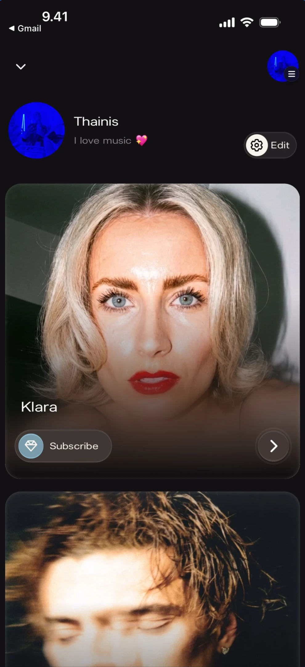 Feed scrolled to show second artist