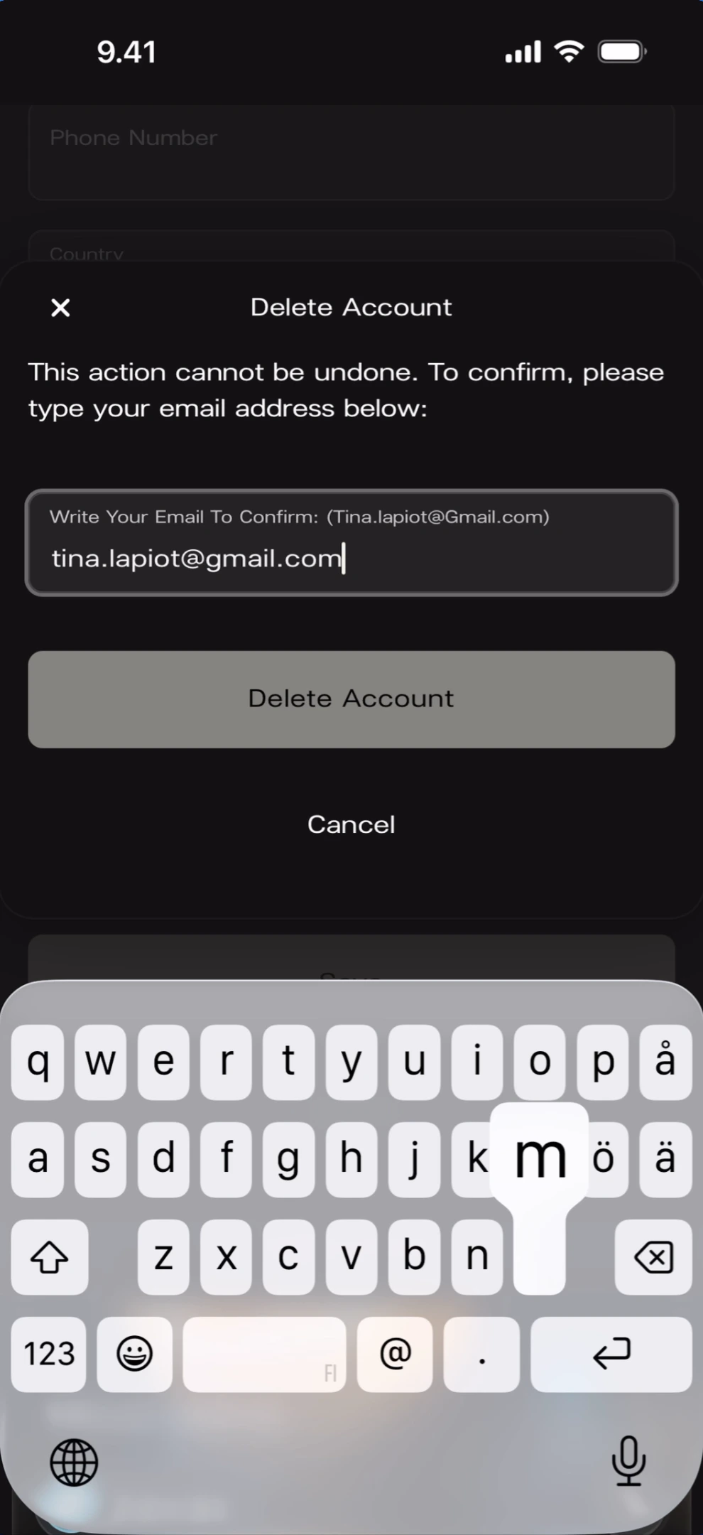Delete account confirmation