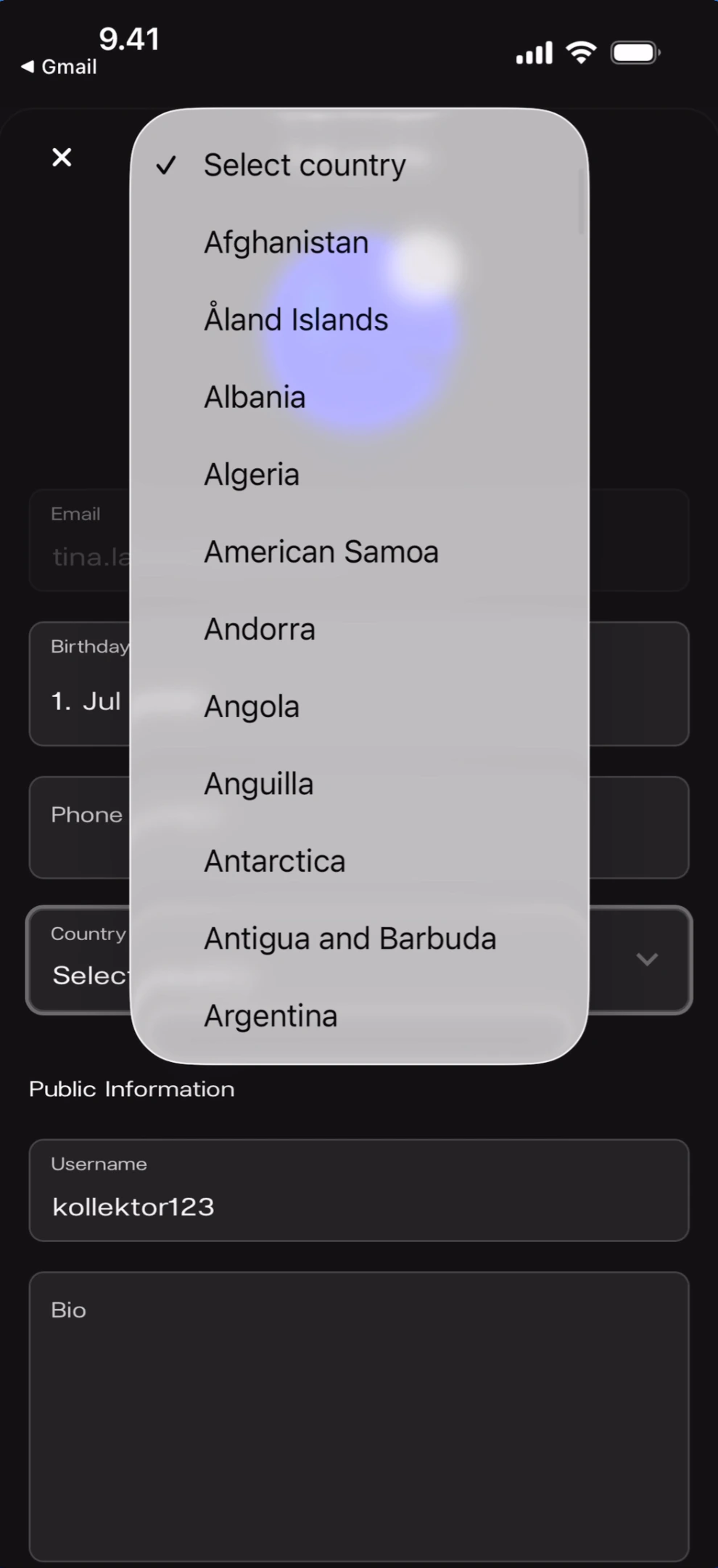 Country picker dropdown