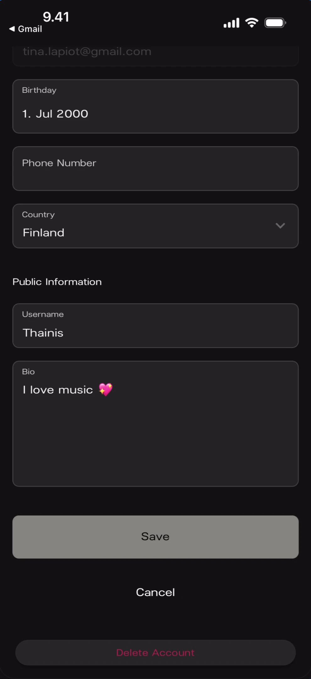 Completed profile form