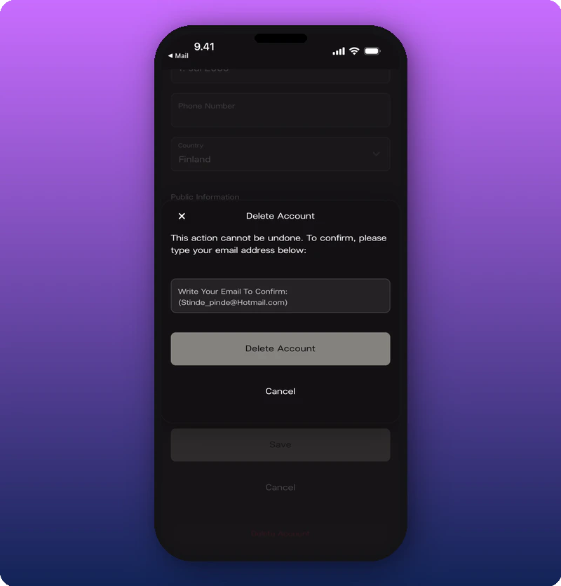 Delete account modal full view