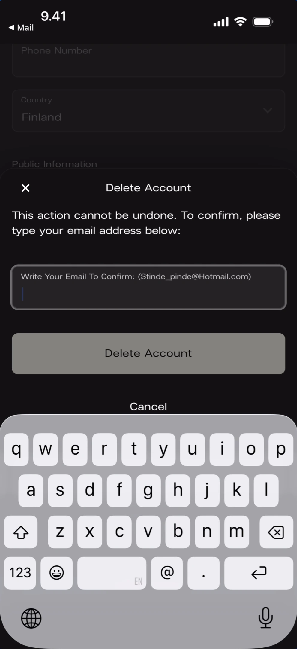 Delete account modal with keyboard