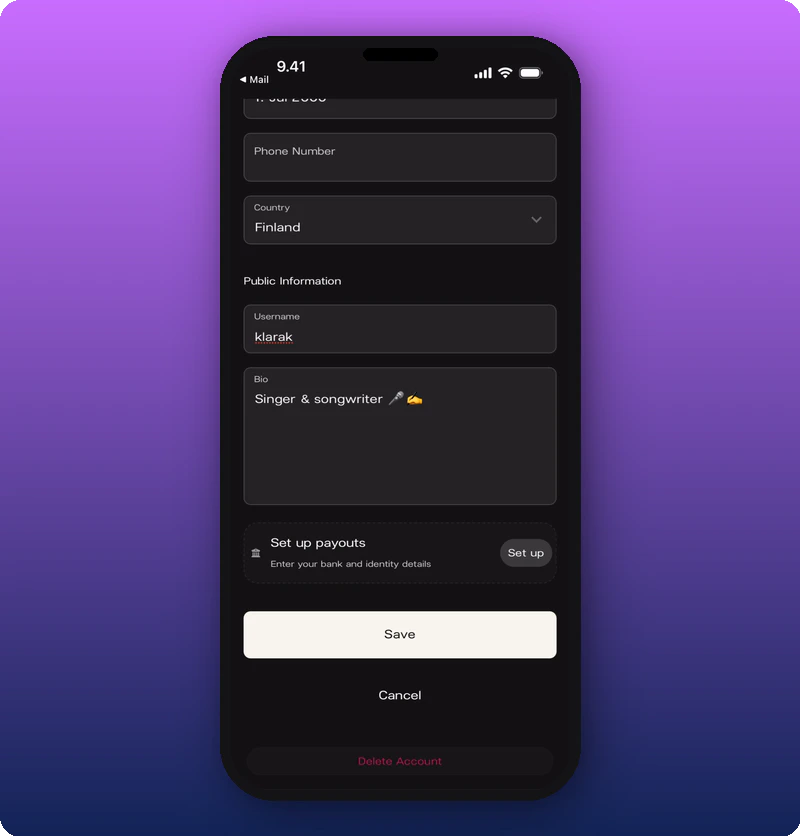 Edit profile showing Set up payouts