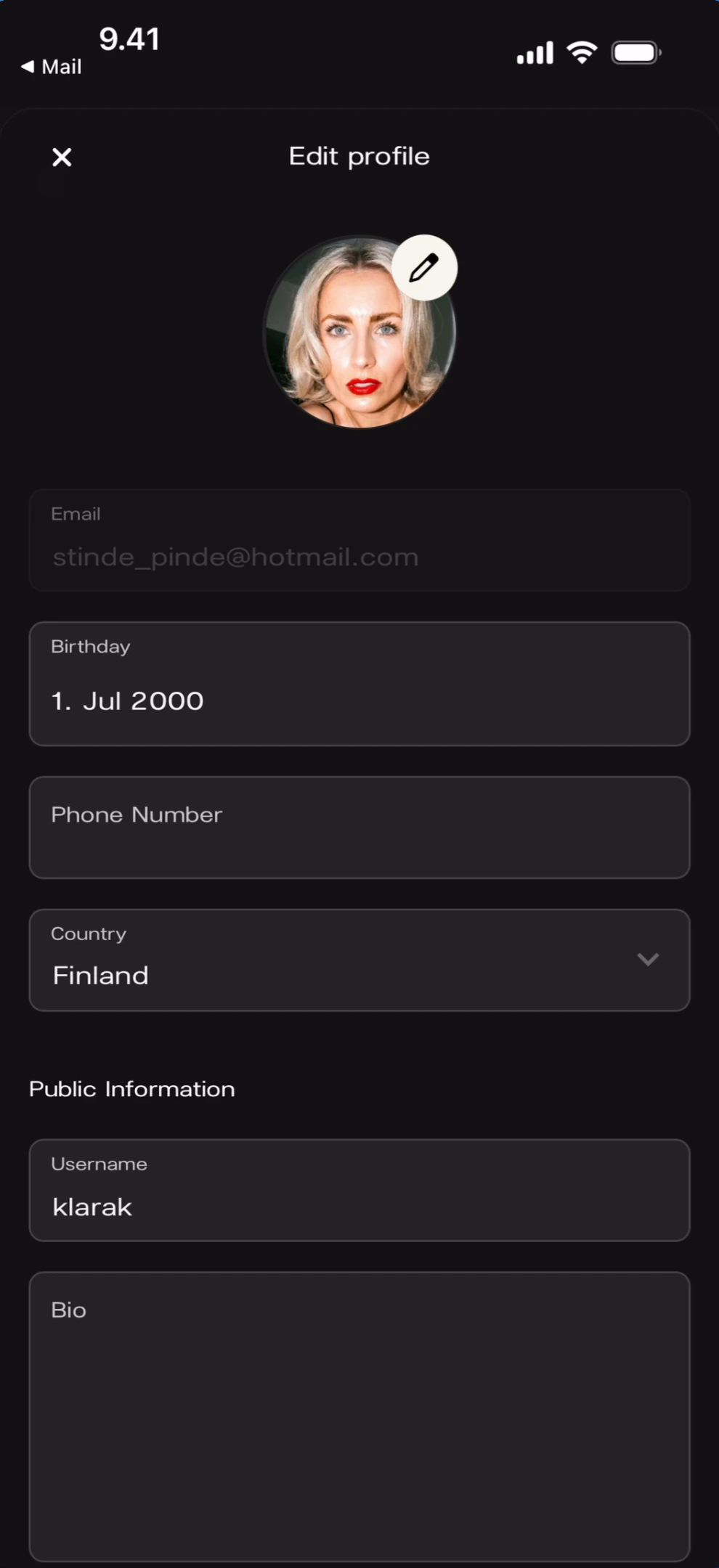 Edit profile form with photo avatar