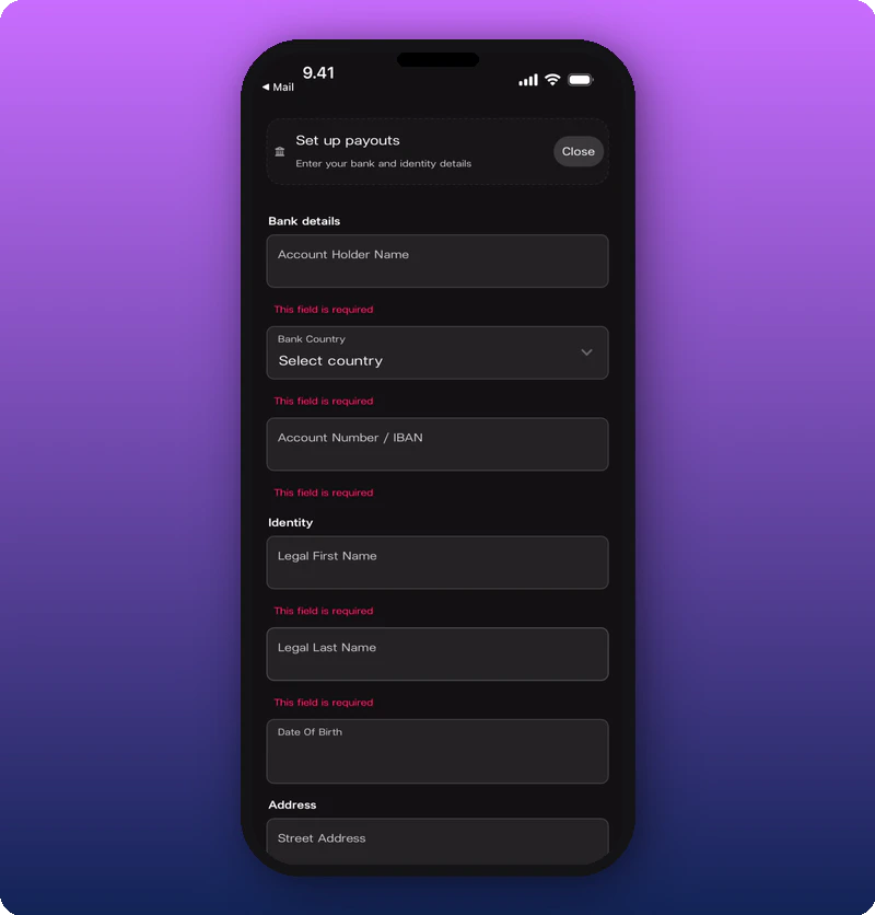 Payout form — bank details and identity