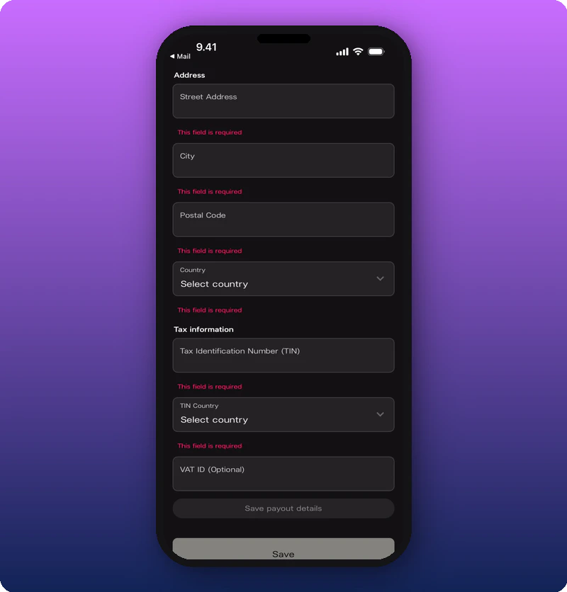 Payout form — address and tax info