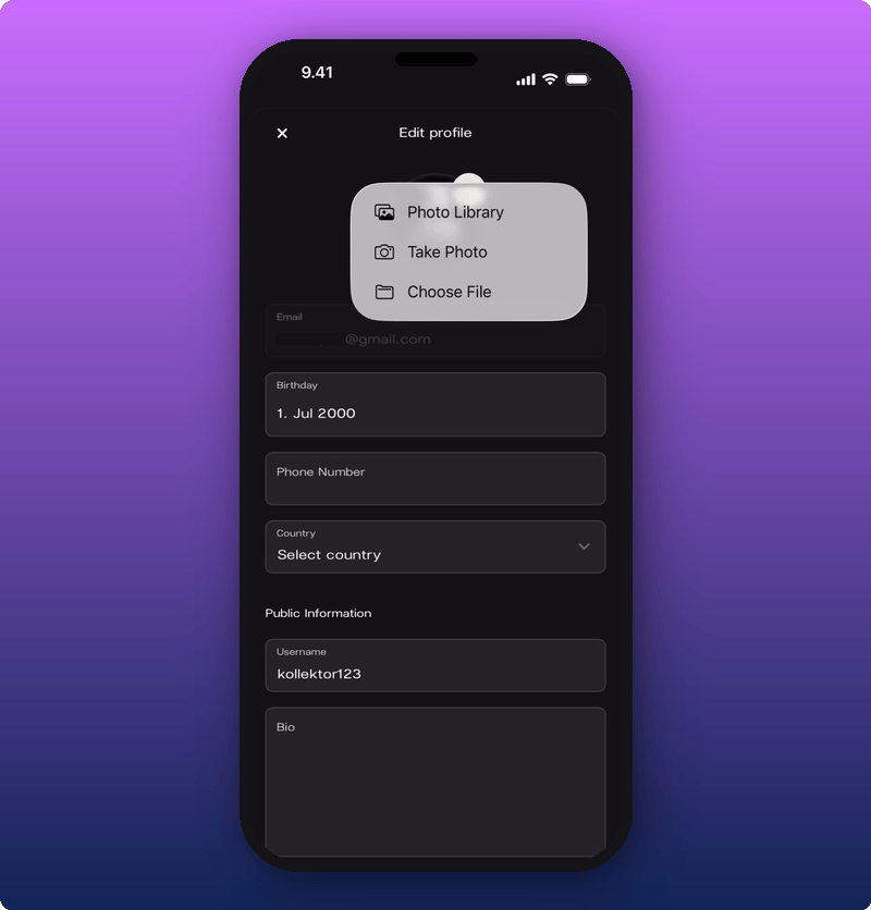 The photo picker menu over the Edit profile page