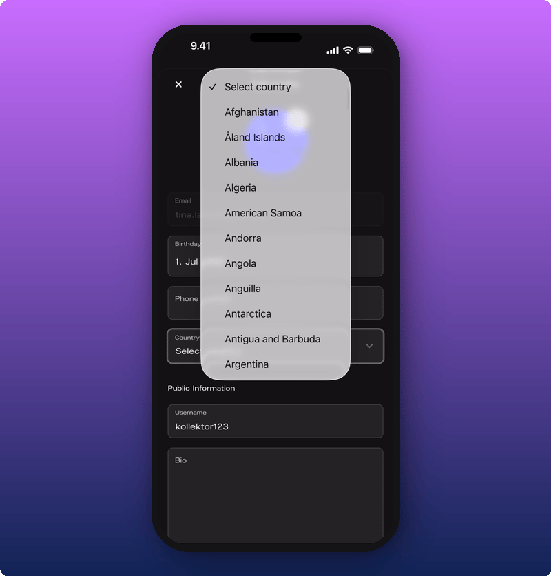 The country picker dropdown