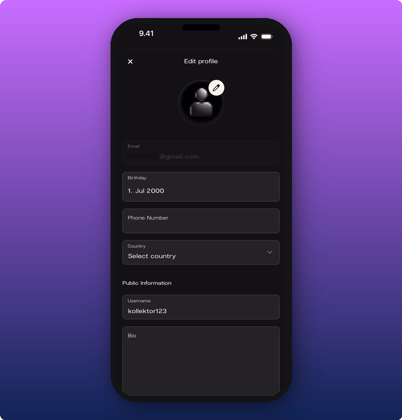 The Edit profile page in its starting state