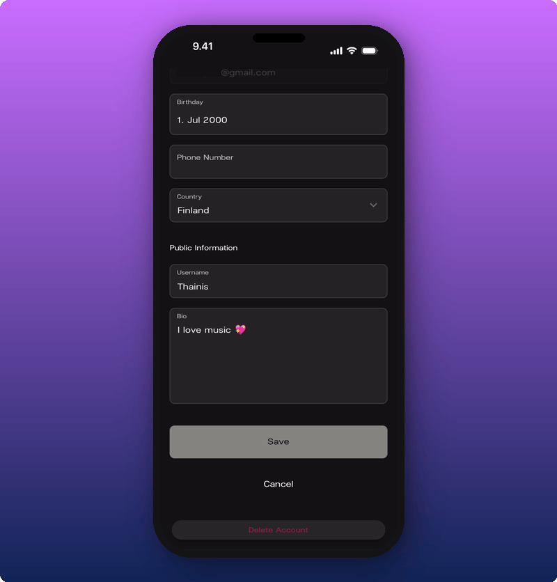 The completed profile form with Save, Cancel, and Delete Account buttons