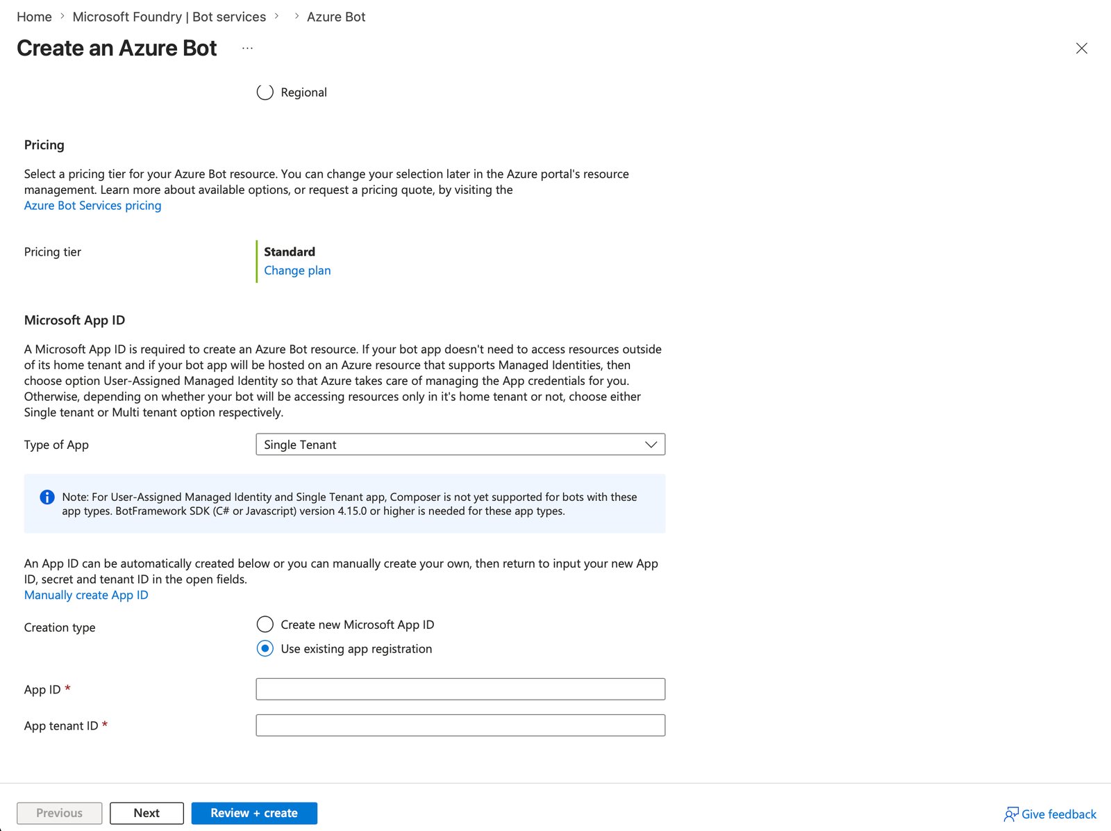 Create an Azure Bot form showing Use existing app registration selected with App ID and tenant ID fields
