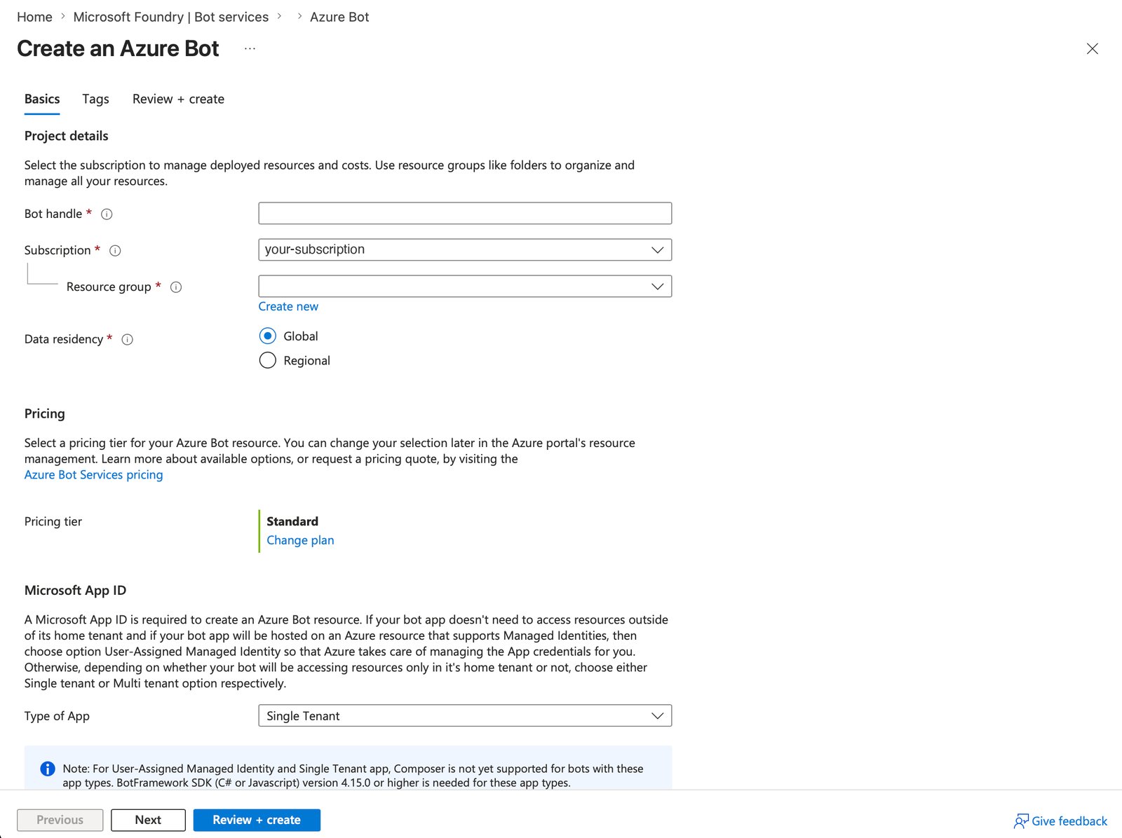 Create an Azure Bot basics form in the Azure portal
