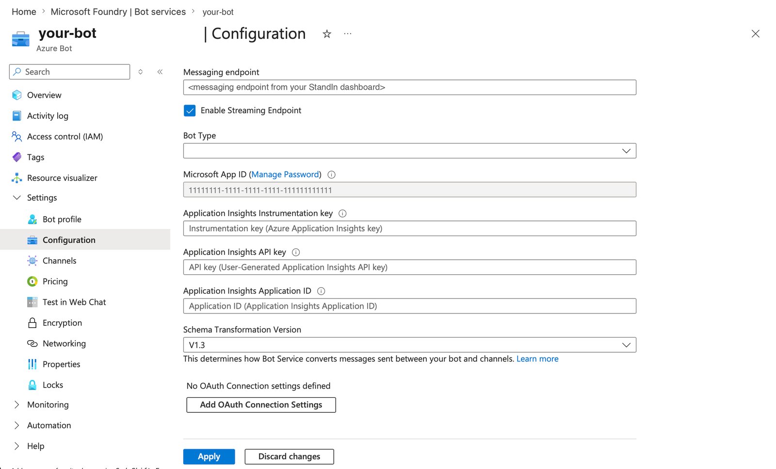 Azure Bot Configuration page with the messaging endpoint field highlighted