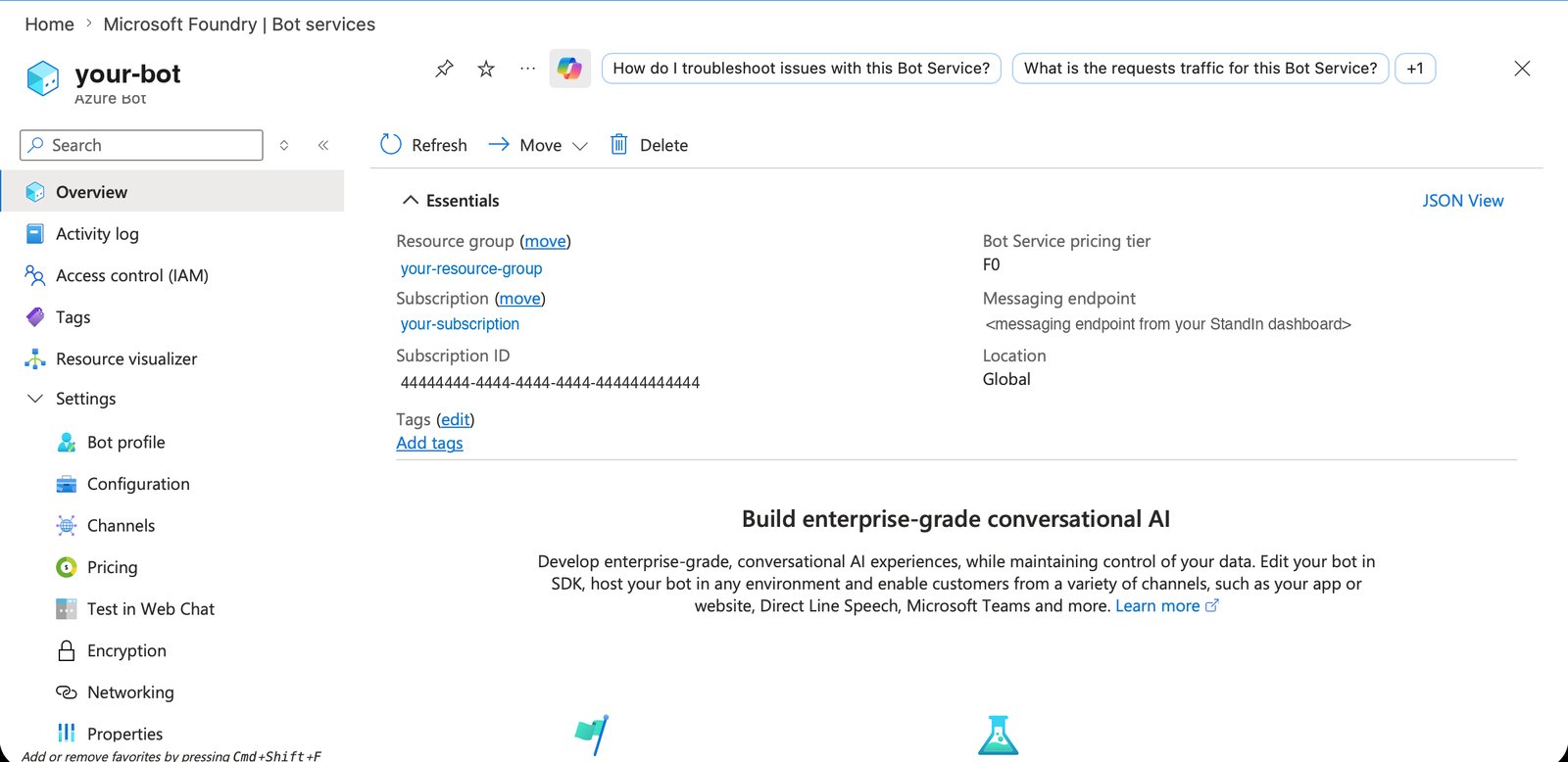 Azure Bot resource overview page showing resource group, subscription, pricing tier, and messaging endpoint