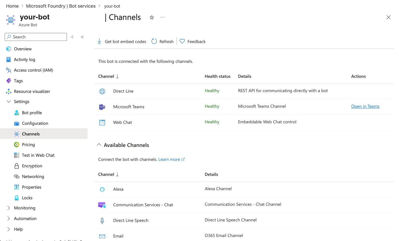 Azure Bot Channels page showing the Microsoft Teams channel connected with a healthy status