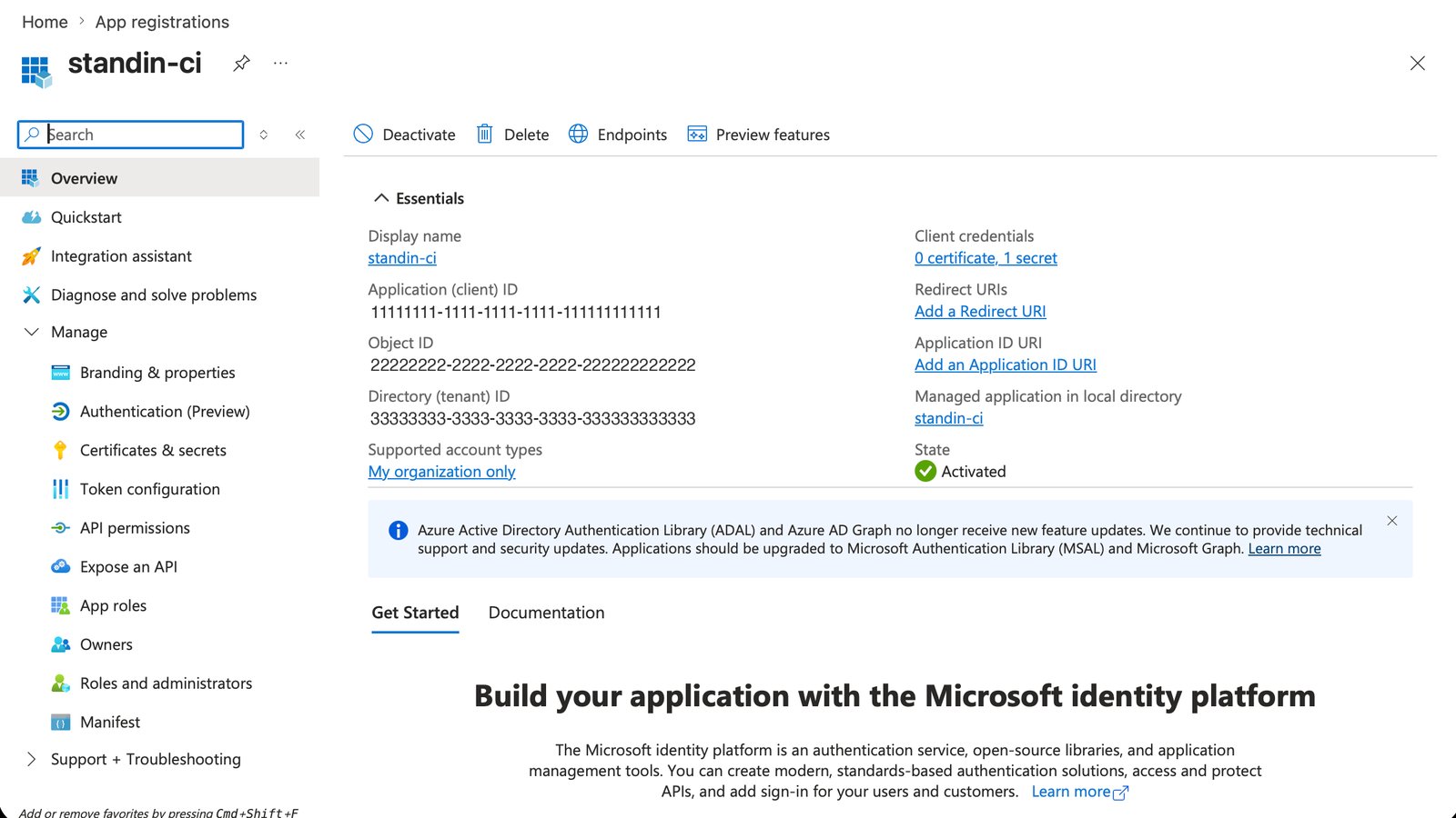 Entra app registration overview page highlighting the client ID and tenant ID fields