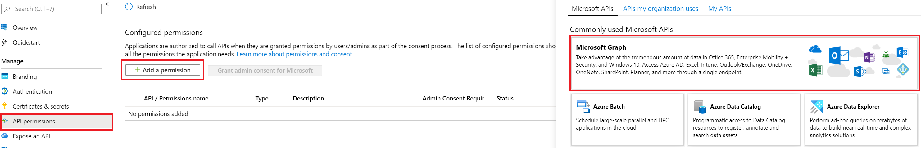 Azure portal API permissions blade with Add a permission opening the Microsoft Graph API panel