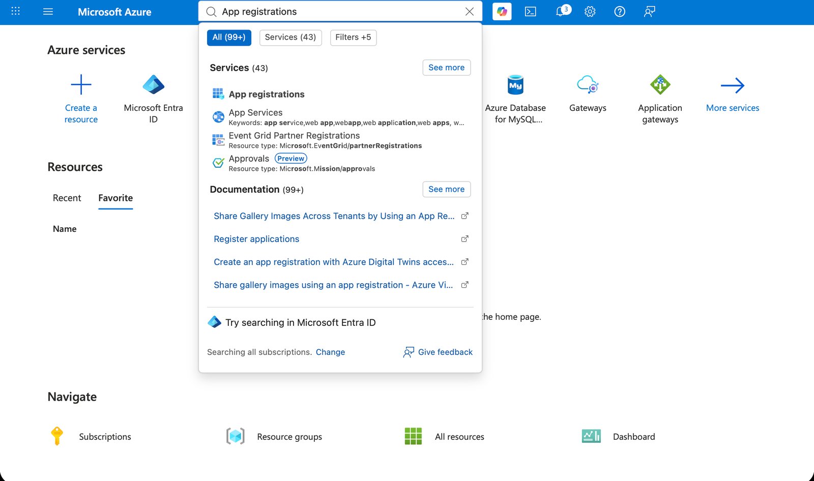 Azure portal search bar with App registrations typed in and the App registrations service shown in the results