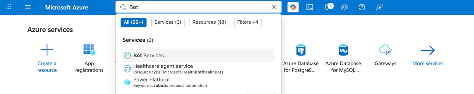 Azure portal search bar with Bot typed in and the Bot Services service shown in the results