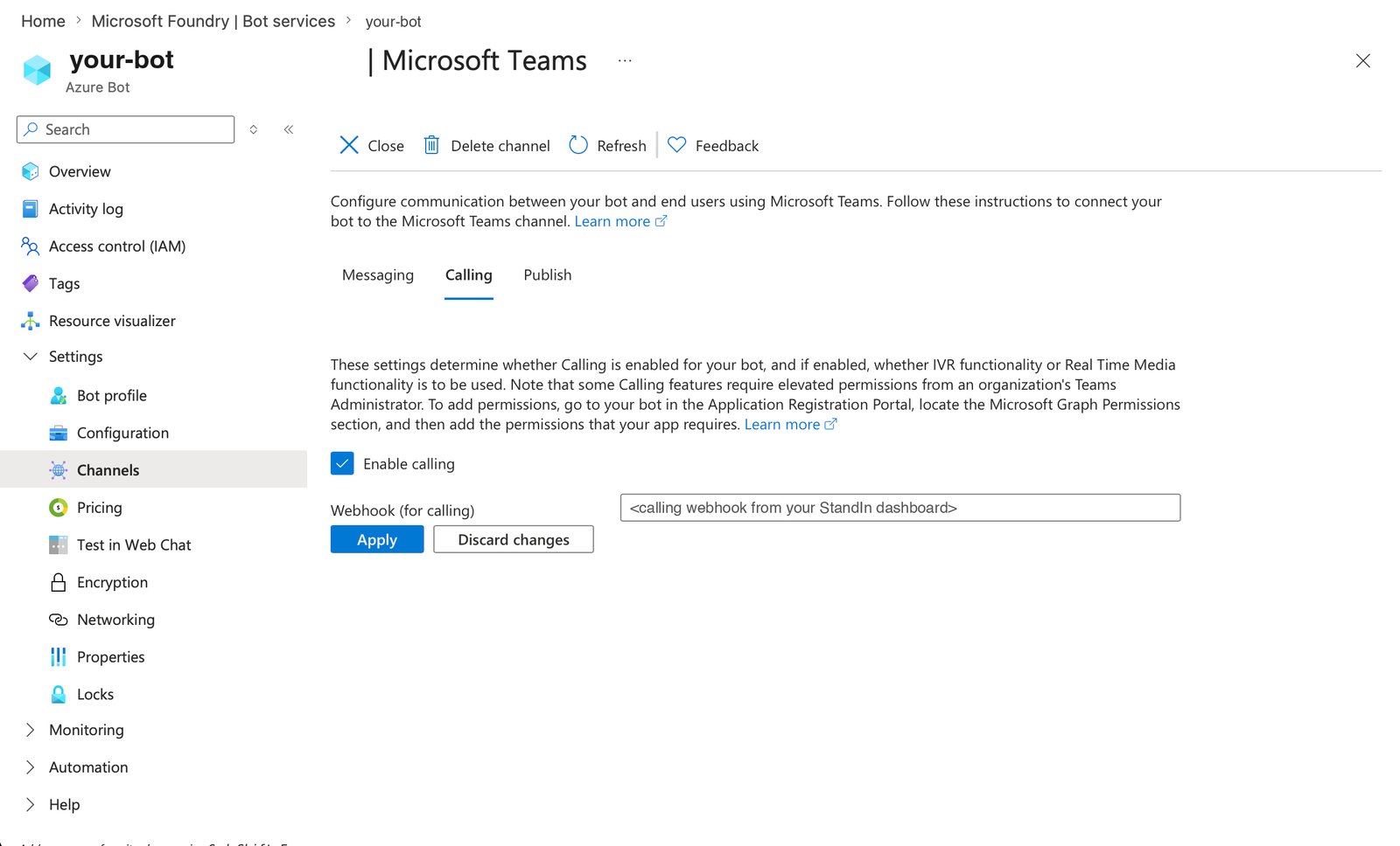 Microsoft Teams channel Calling tab with Enable calling checked and the webhook field highlighted