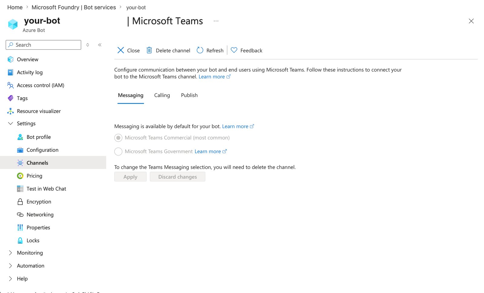 Microsoft Teams channel Messaging tab showing Microsoft Teams Commercial selected