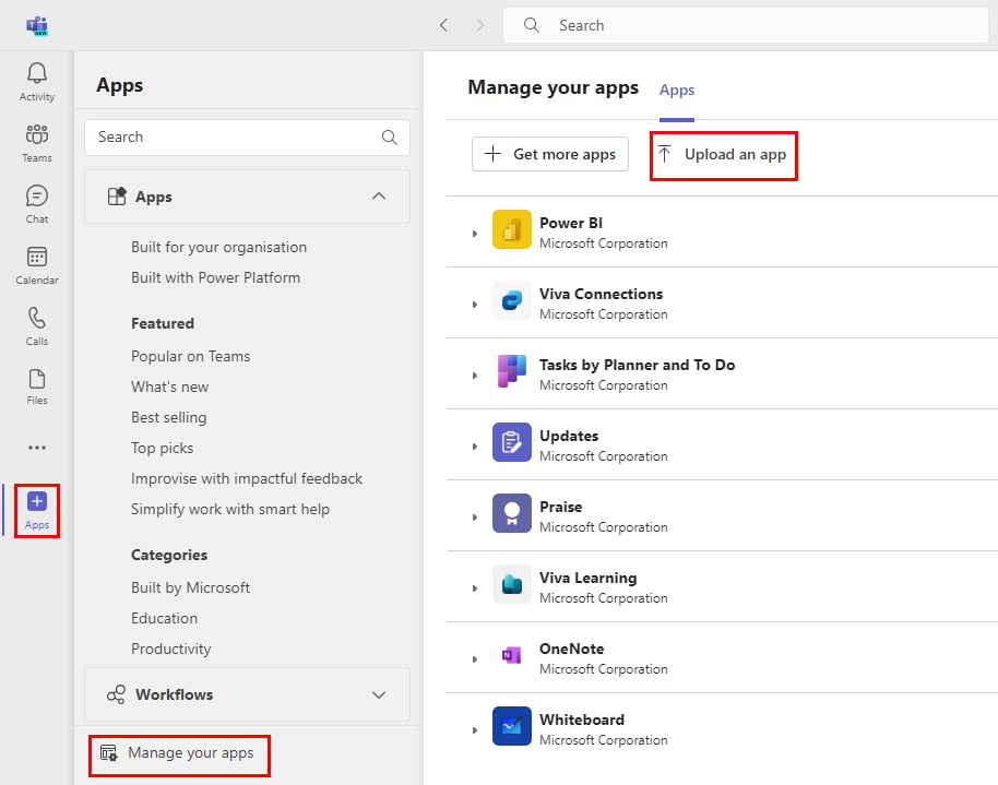 Microsoft Teams Apps page with Manage your apps and the Upload an app button highlighted