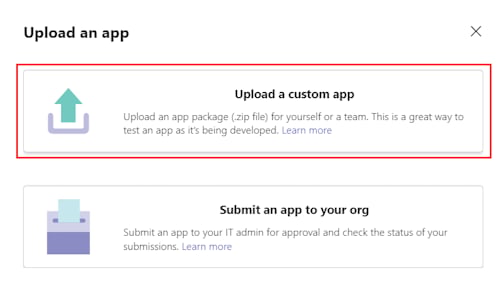 Teams Upload an app dialog with the Upload a custom app option highlighted