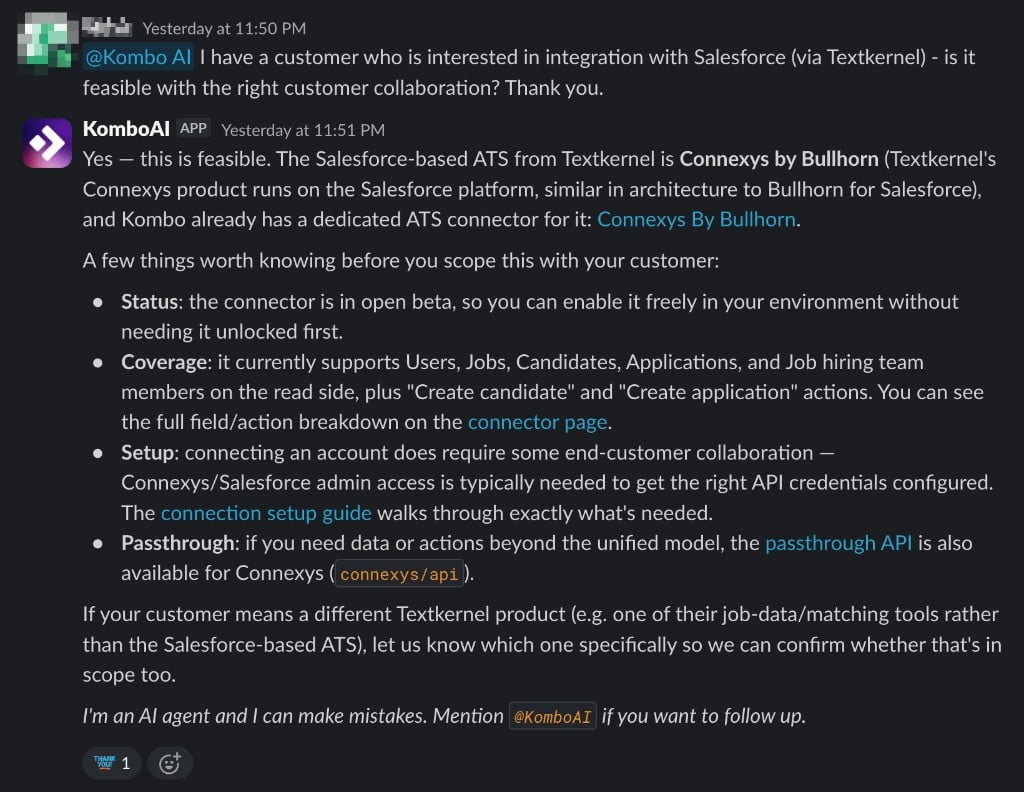 KomboAI explains the feasibility, coverage, and setup requirements for a connector