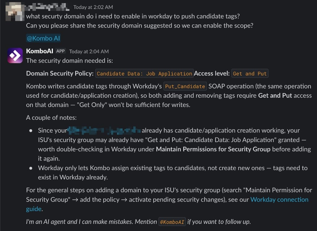 KomboAI identifies the Workday security domain and access level required to push candidate tags