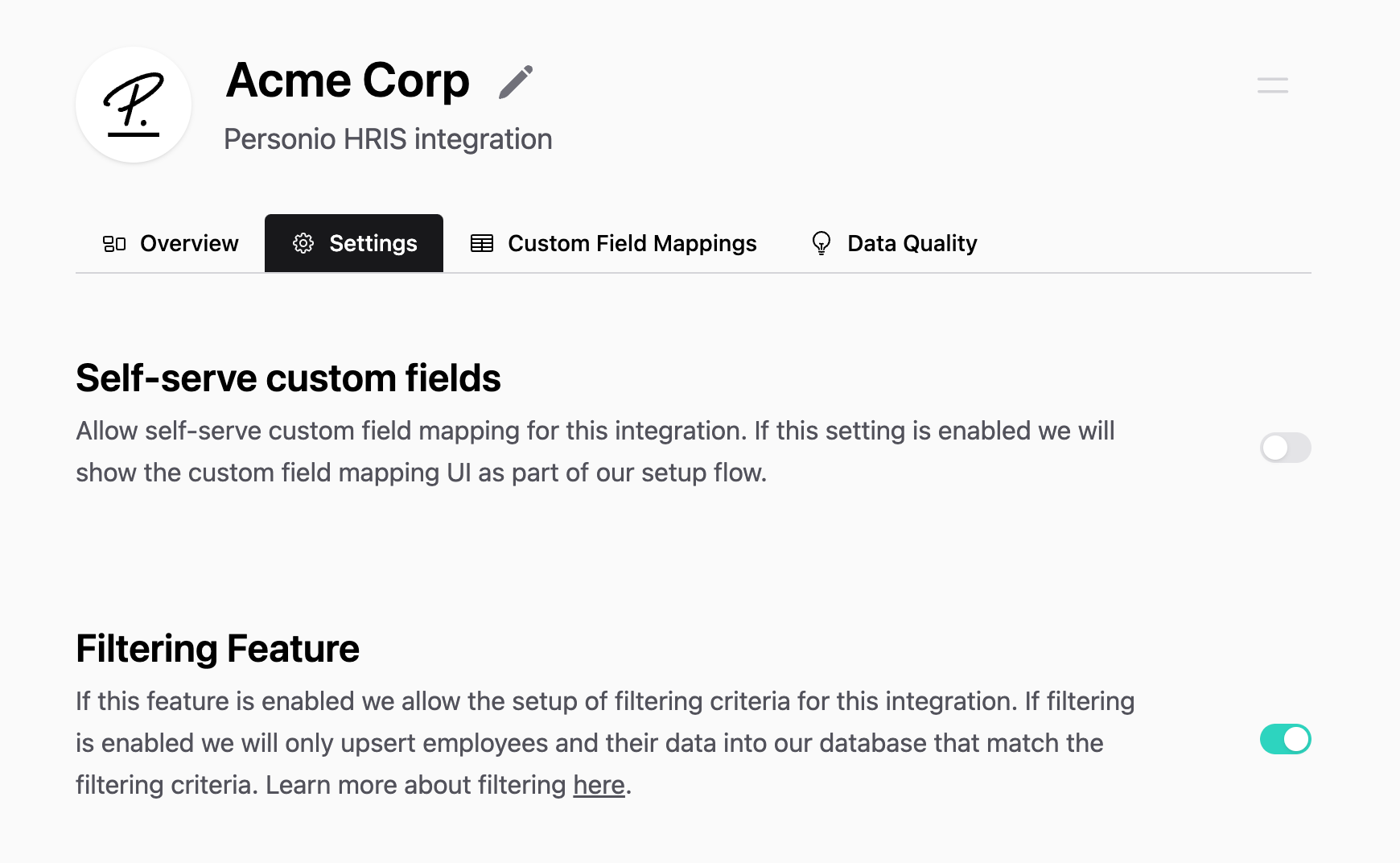 Integration Settings Setup Flow Toggles