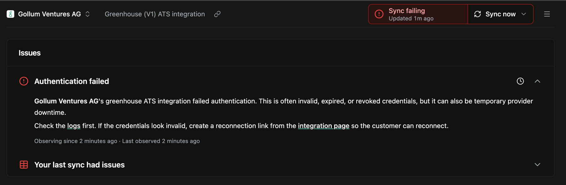 Issue details on an integration