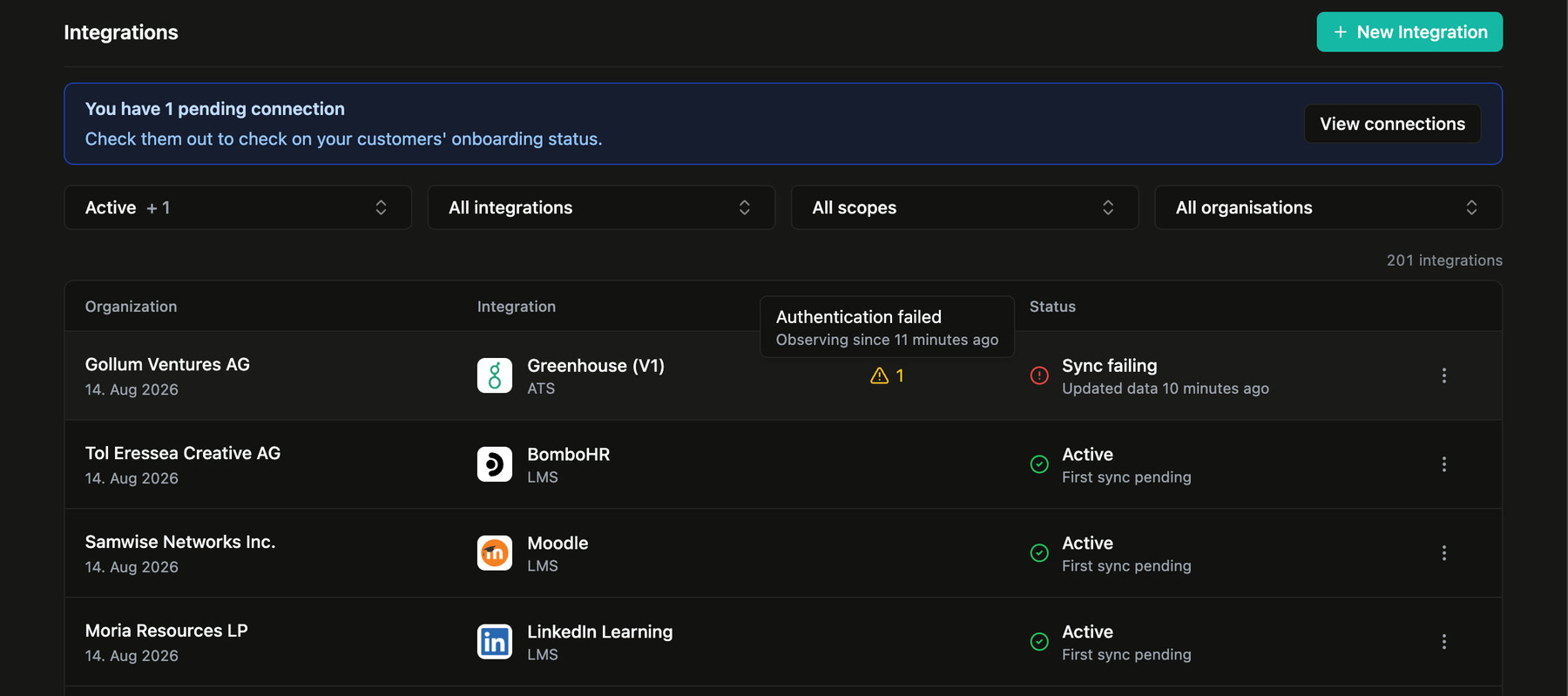 Issues column on the integrations list