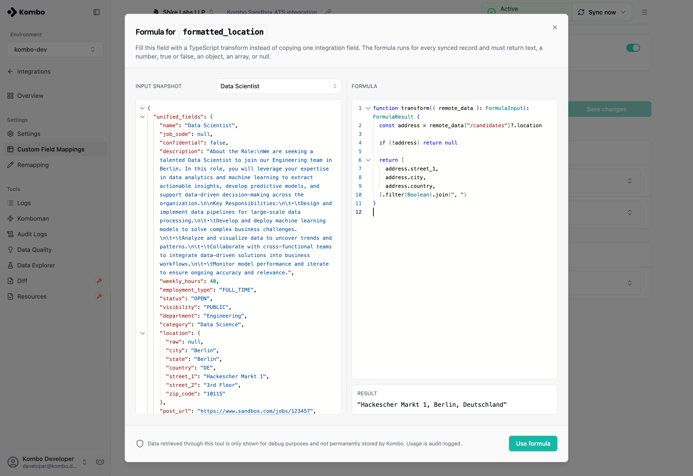 Formula editor with an input snapshot and successful preview
result