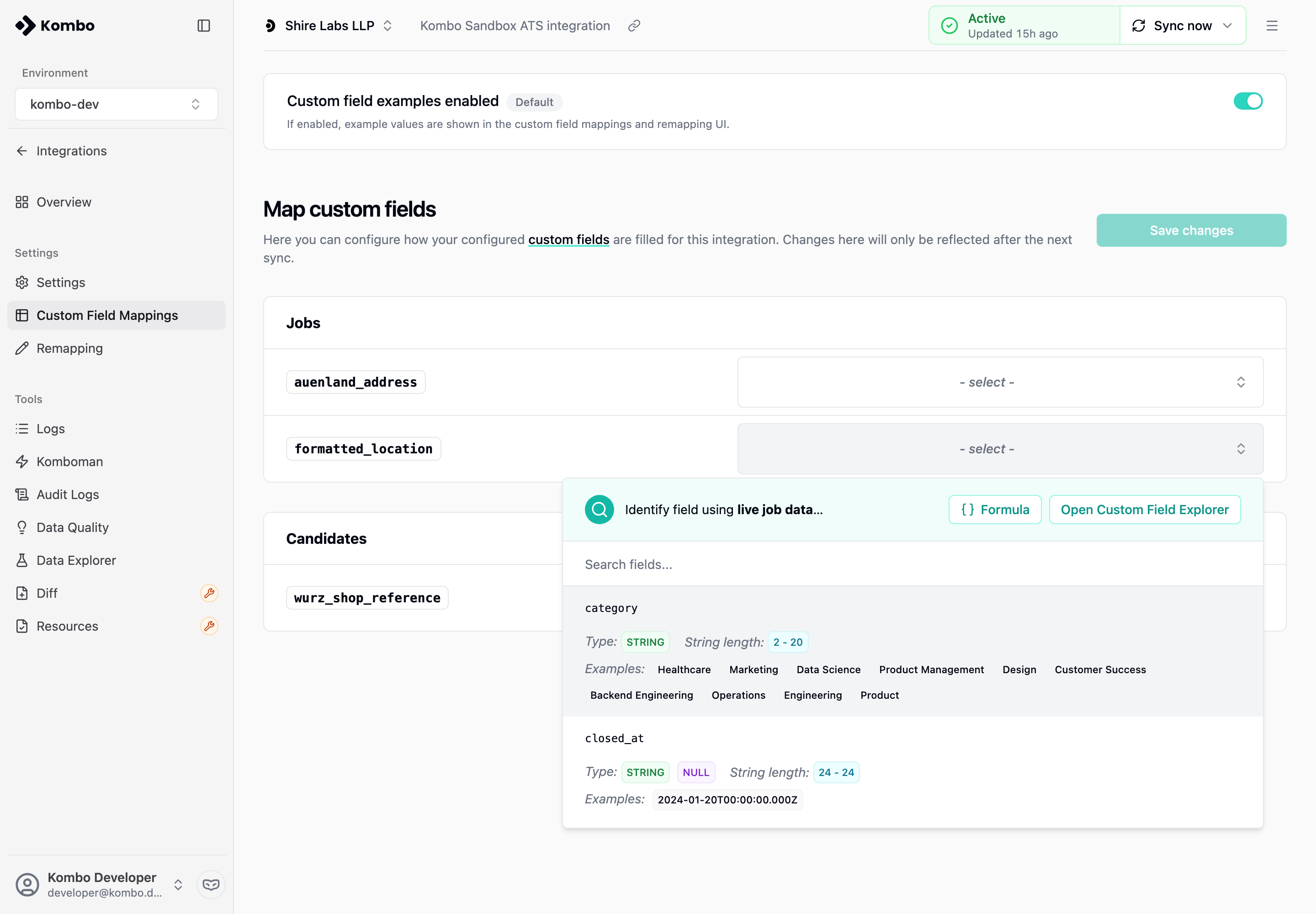 Formula button in a custom field mapping
dropdown