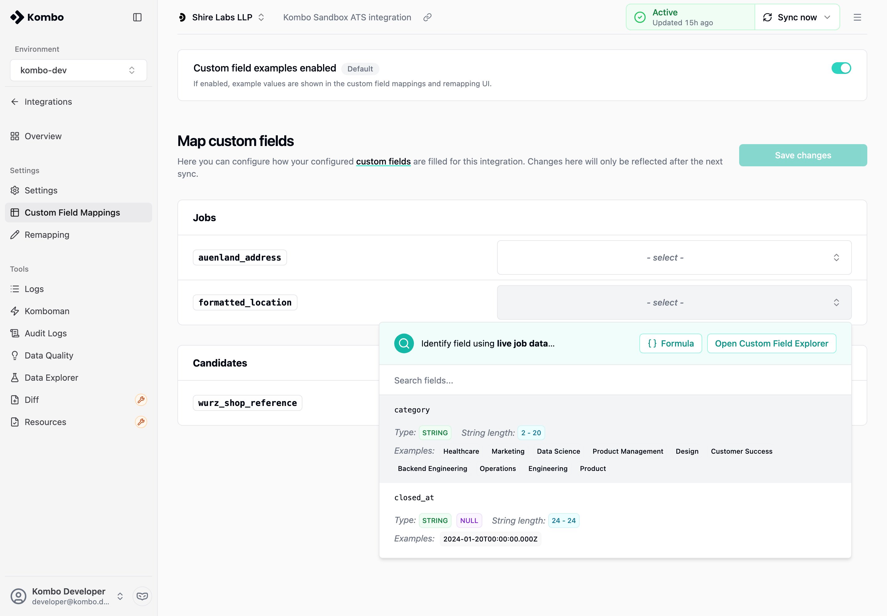 Formula button in a custom field mapping
dropdown