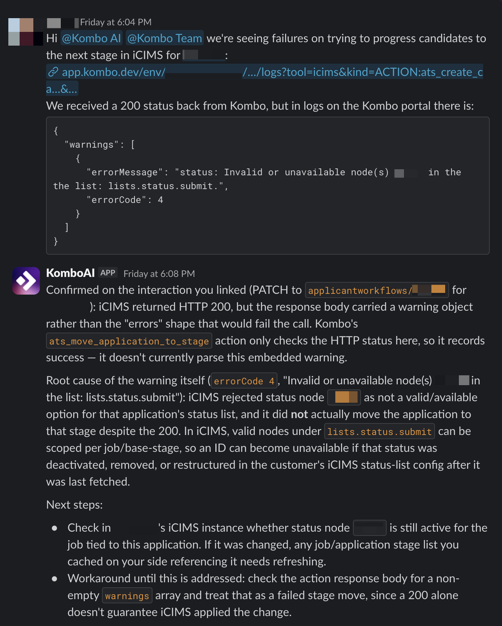 KomboAI finds that an iCIMS stage move returned HTTP 200 with a warning and never applied the change