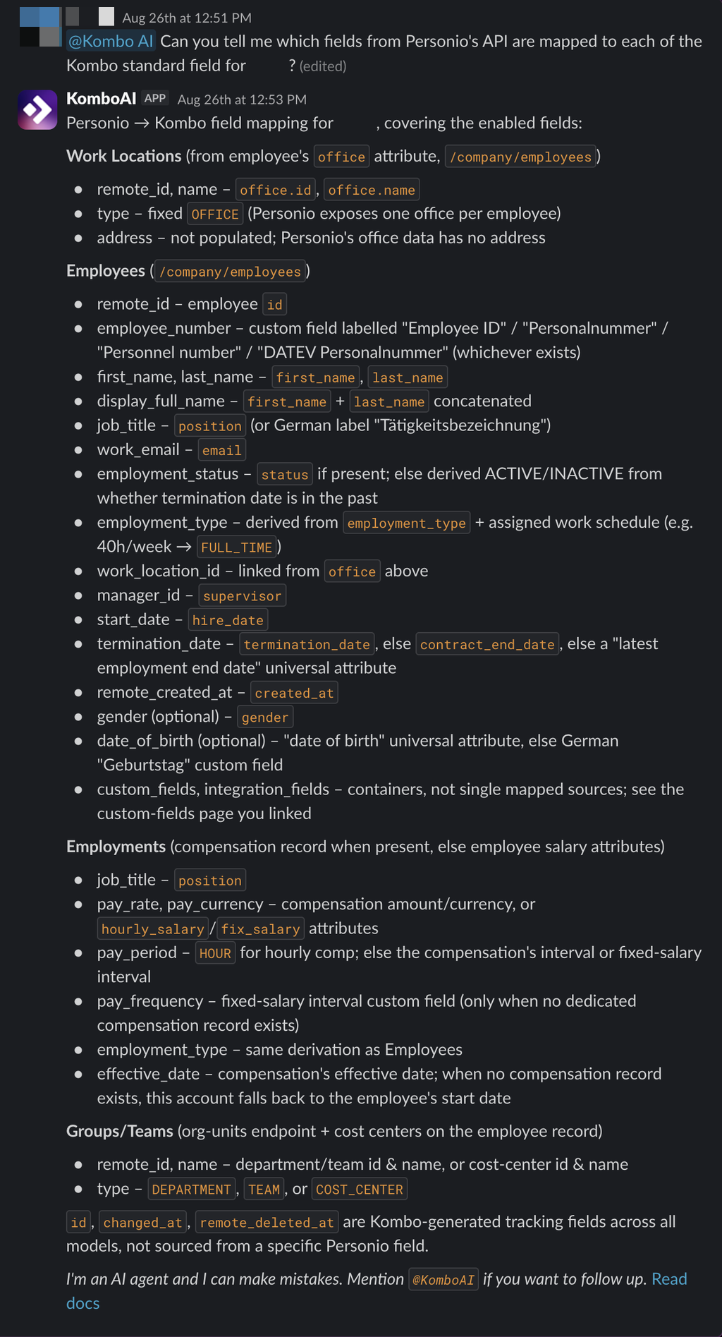 KomboAI lists how Personio API fields map to each Kombo unified model field for a linked account