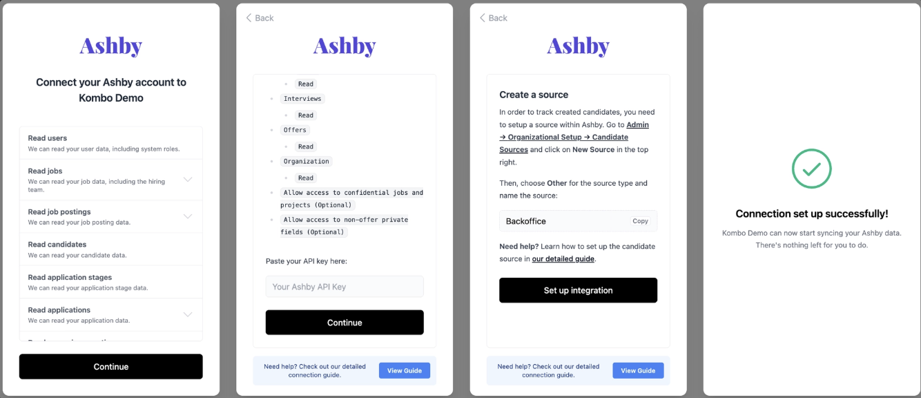 API credential connection flow: create API key in the tool and paste it into Kombo Connect