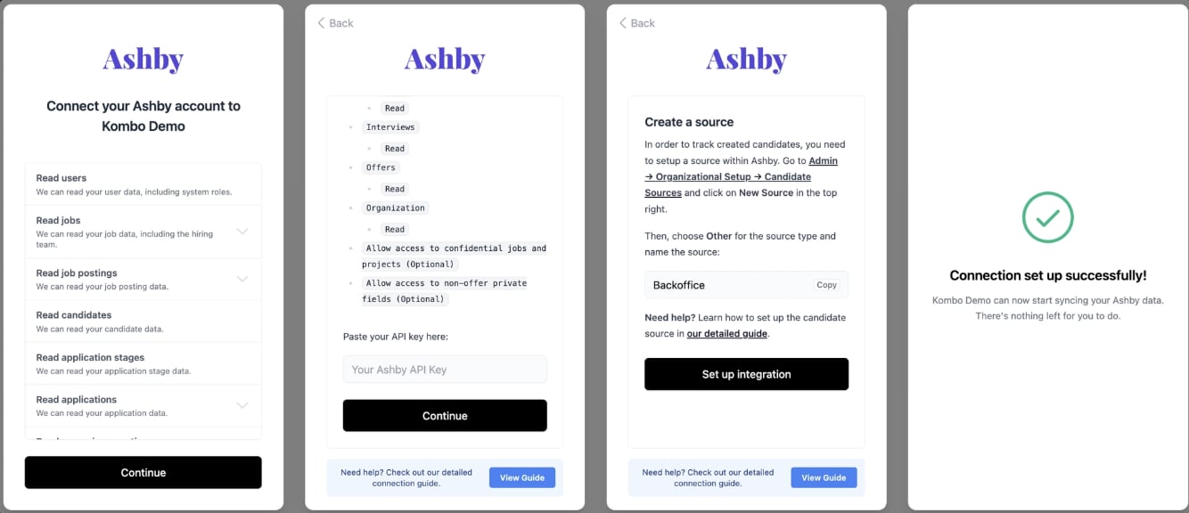 API credential connection flow: create API key in the tool and paste it into Kombo Connect