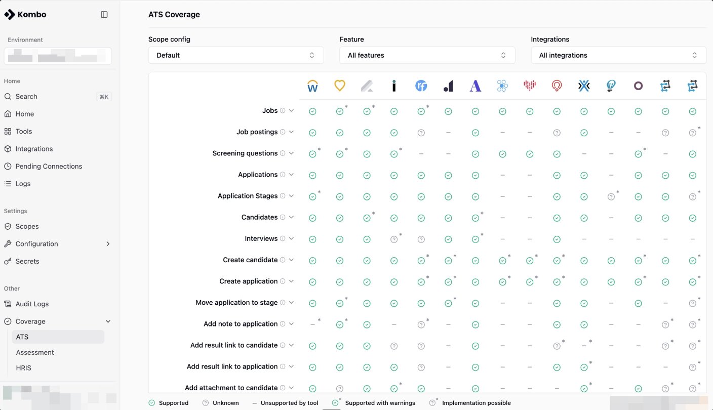 Kombo Coverage page filtered by scope, showing supported features and limitations across tools