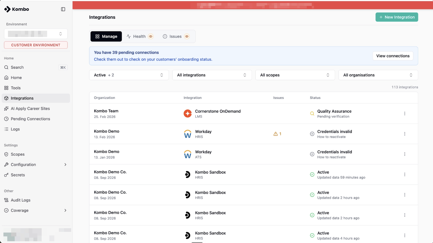 Kombo Integrations page showing connected integrations, statuses, and a banner for pending connections